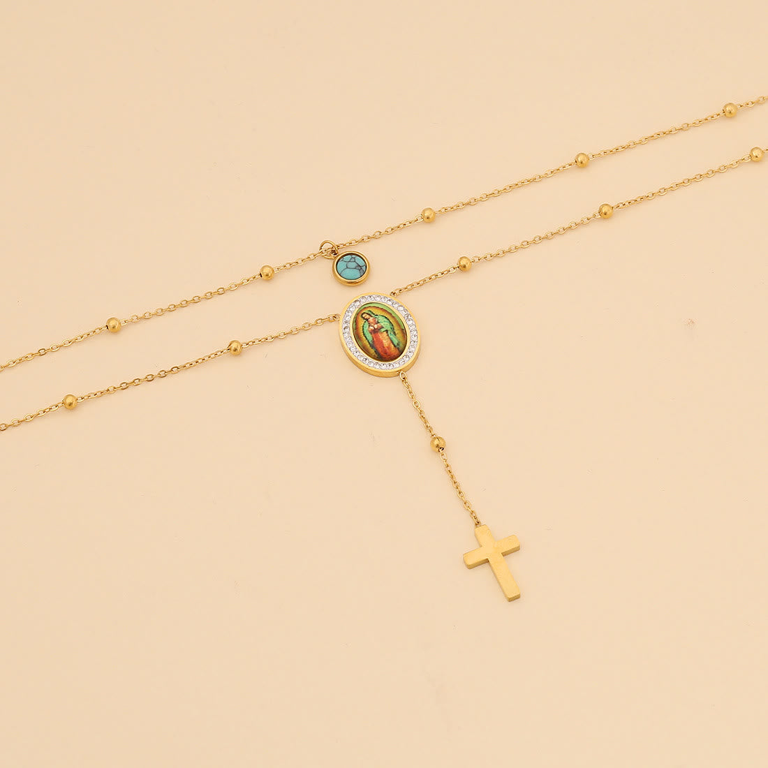 Collar con Cruz Turquesa de Nuestra Señora de Guadalupe, de Estilo Minimalista y Doble Capa