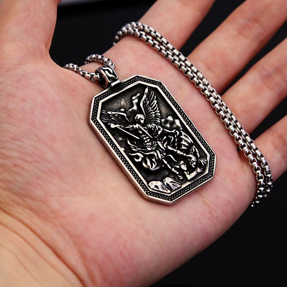 Collar de acero inoxidable con colgante de San Miguel Arcángel, estilo clásico, protección