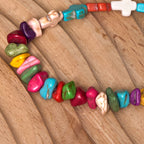 Pulsera turquesa de la Virgen María con rosas y cruz de estilo bohemio y colorido