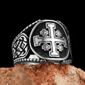 Bague en alliage avec symbole Croix de Jérusalem, style classique, fabrication ancienne