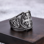 Bague en alliage avec symbole Croix de Jérusalem, style classique, fabrication ancienne