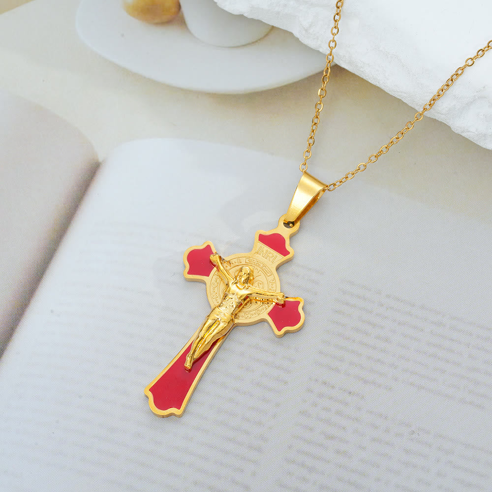 Collier pendentif de protection croix et médaille de Saint-Benoît multicolore style Classique Moderne (8 couleurs)