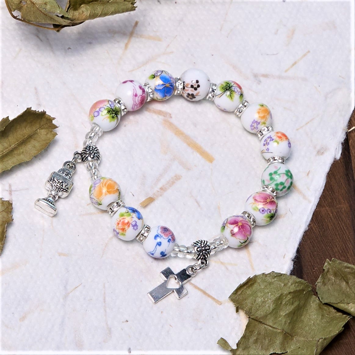 Bracelet Chapelet Une Dizaine Perles Céramique Style Coloré Saint Graal