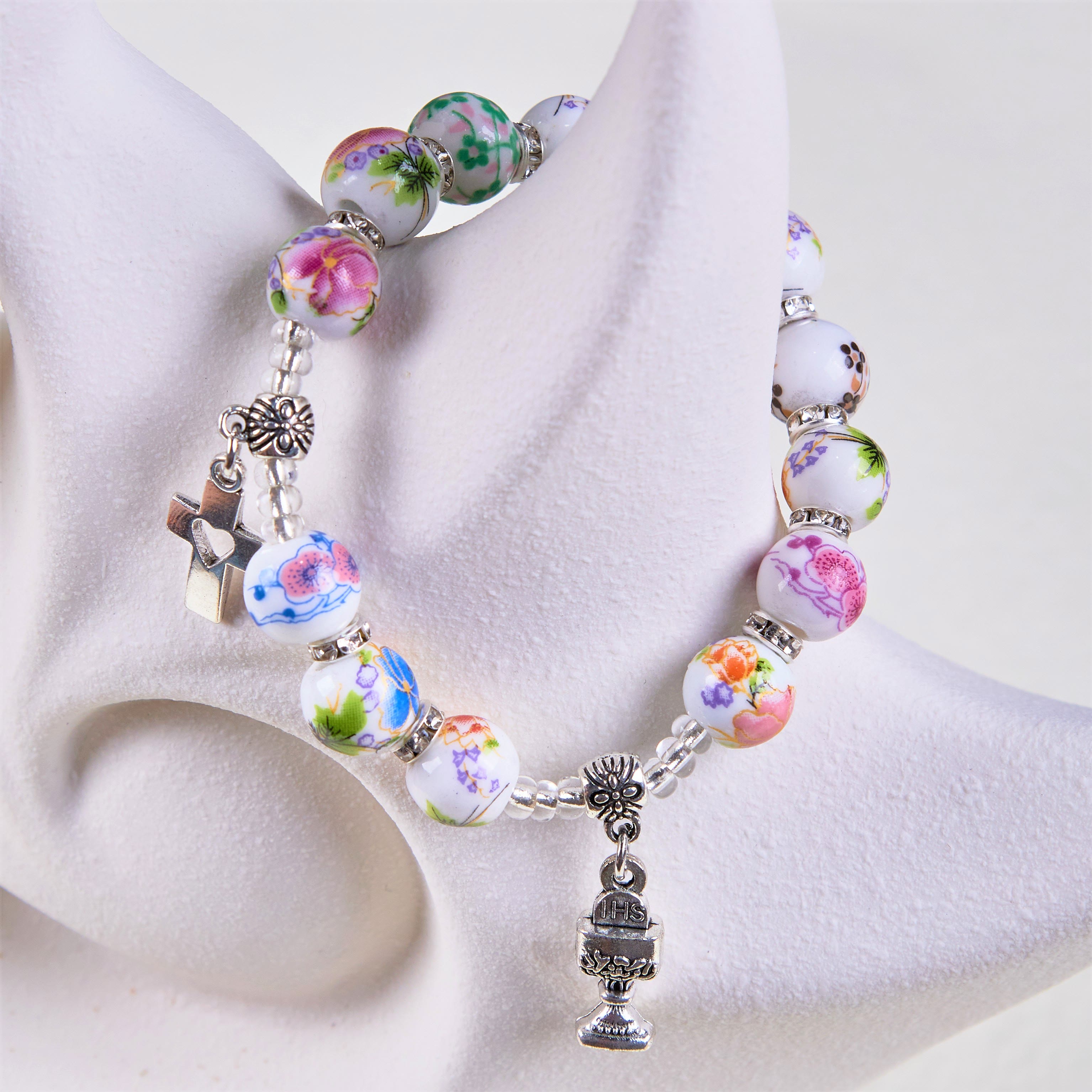 Bracelet Chapelet Une Dizaine Perles Céramique Style Coloré Saint Graal