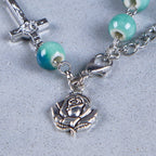 Bracelet Rosaire et Croix en Céramique Ton Vert Fleur Joyeuse