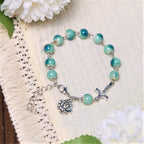 Bracelet Rosaire et Croix en Céramique Ton Vert Fleur Joyeuse