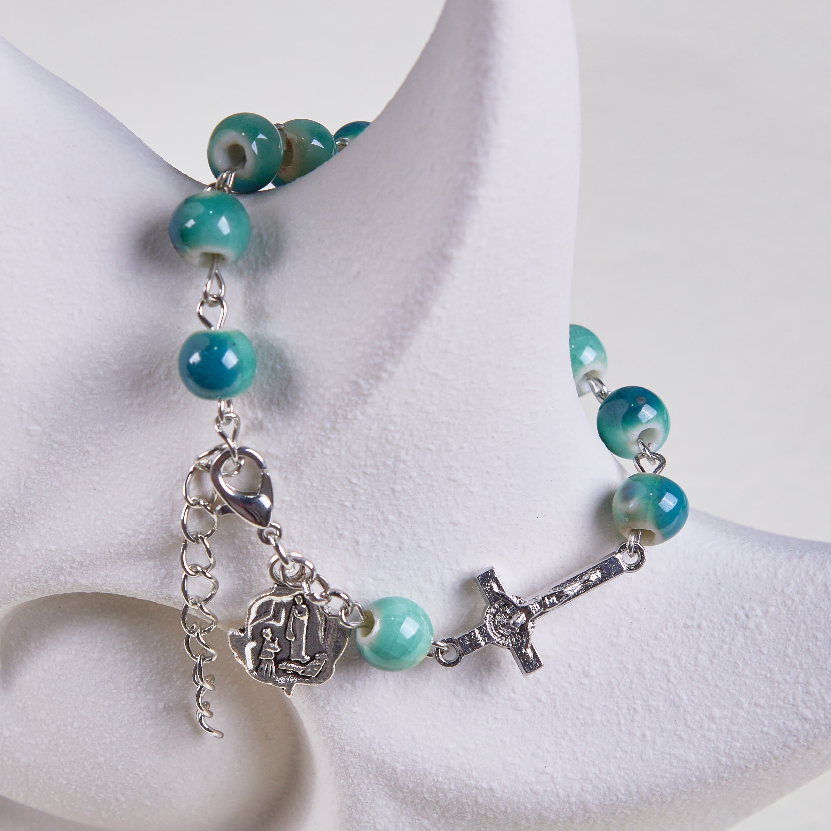Bracelet Rosaire et Croix en Céramique Ton Vert Fleur Joyeuse