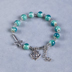 Bracelet Rosaire et Croix en Céramique Ton Vert Fleur Joyeuse