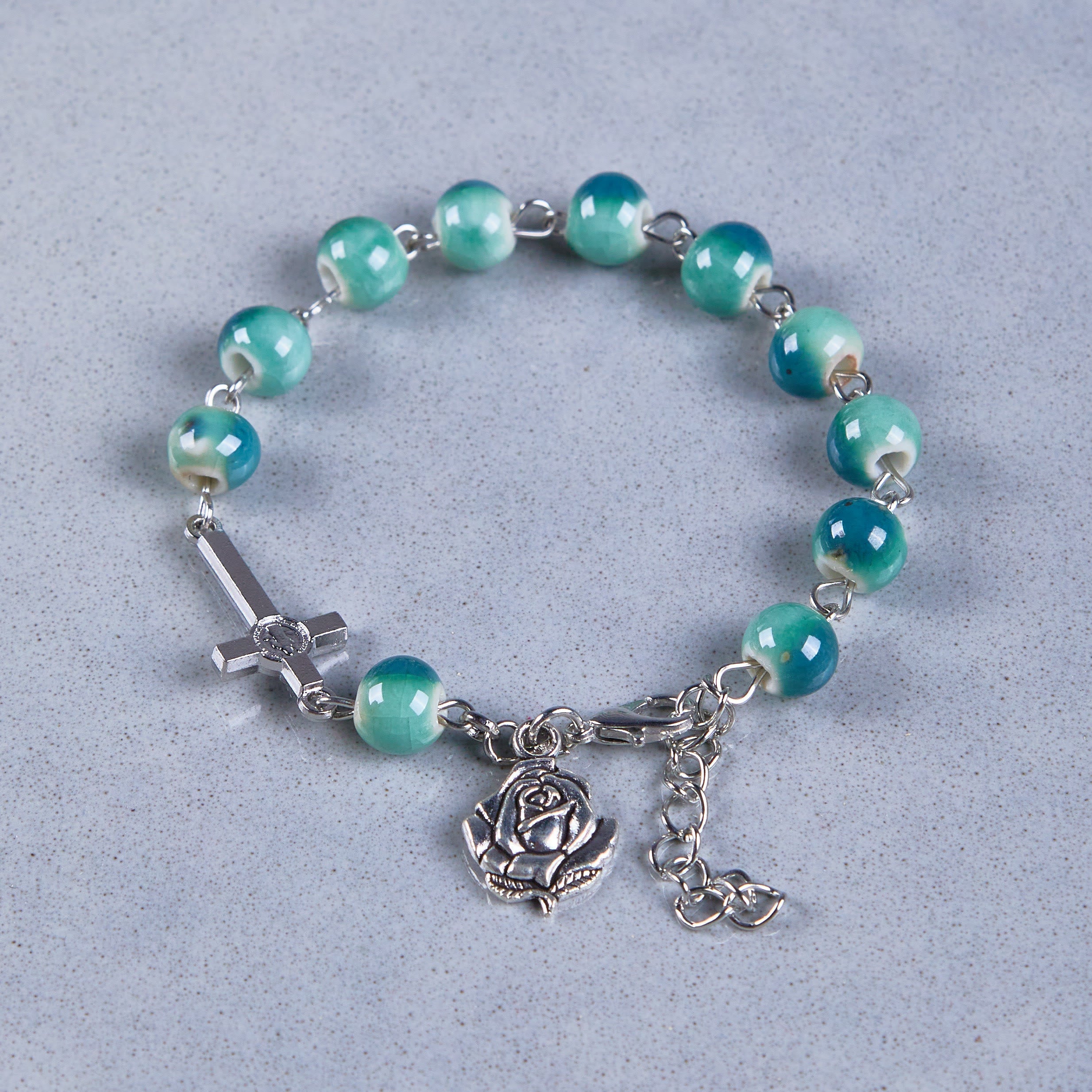 Bracelet Rosaire et Croix en Céramique Ton Vert Fleur Joyeuse