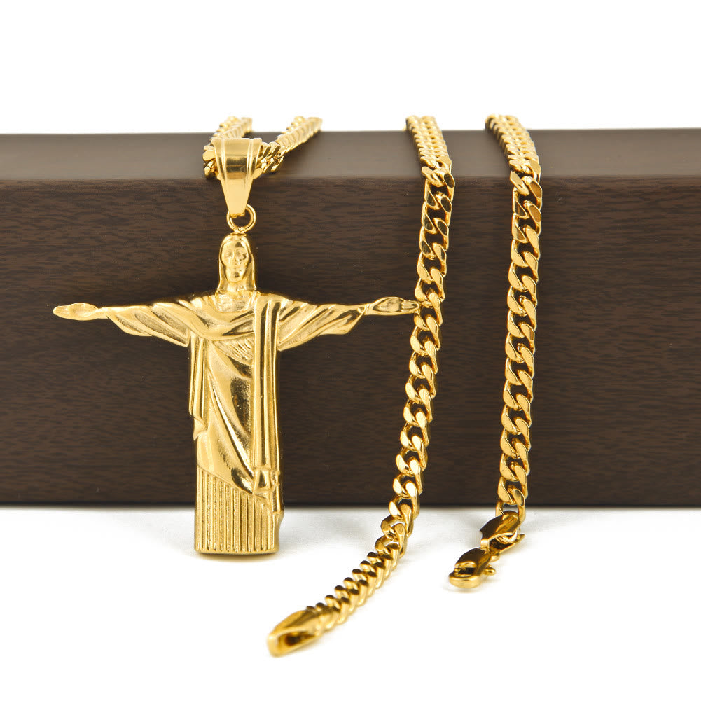 Collier pendentif Christ Rédempteur majestueux de style classique, finition dorée