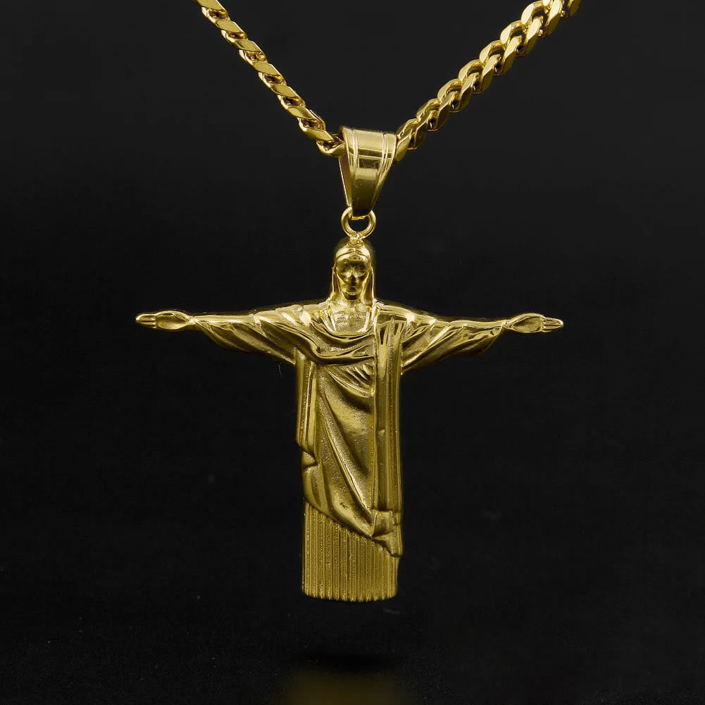 Collier pendentif Christ Rédempteur majestueux de style classique, finition dorée