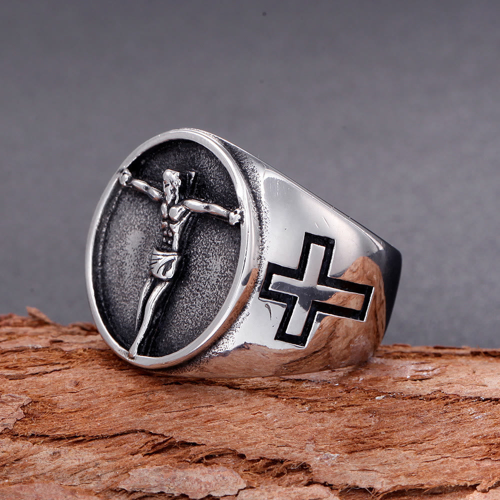 Anillo de fe bendecido con el símbolo de la cruz de Jesús, estilo clásico retro