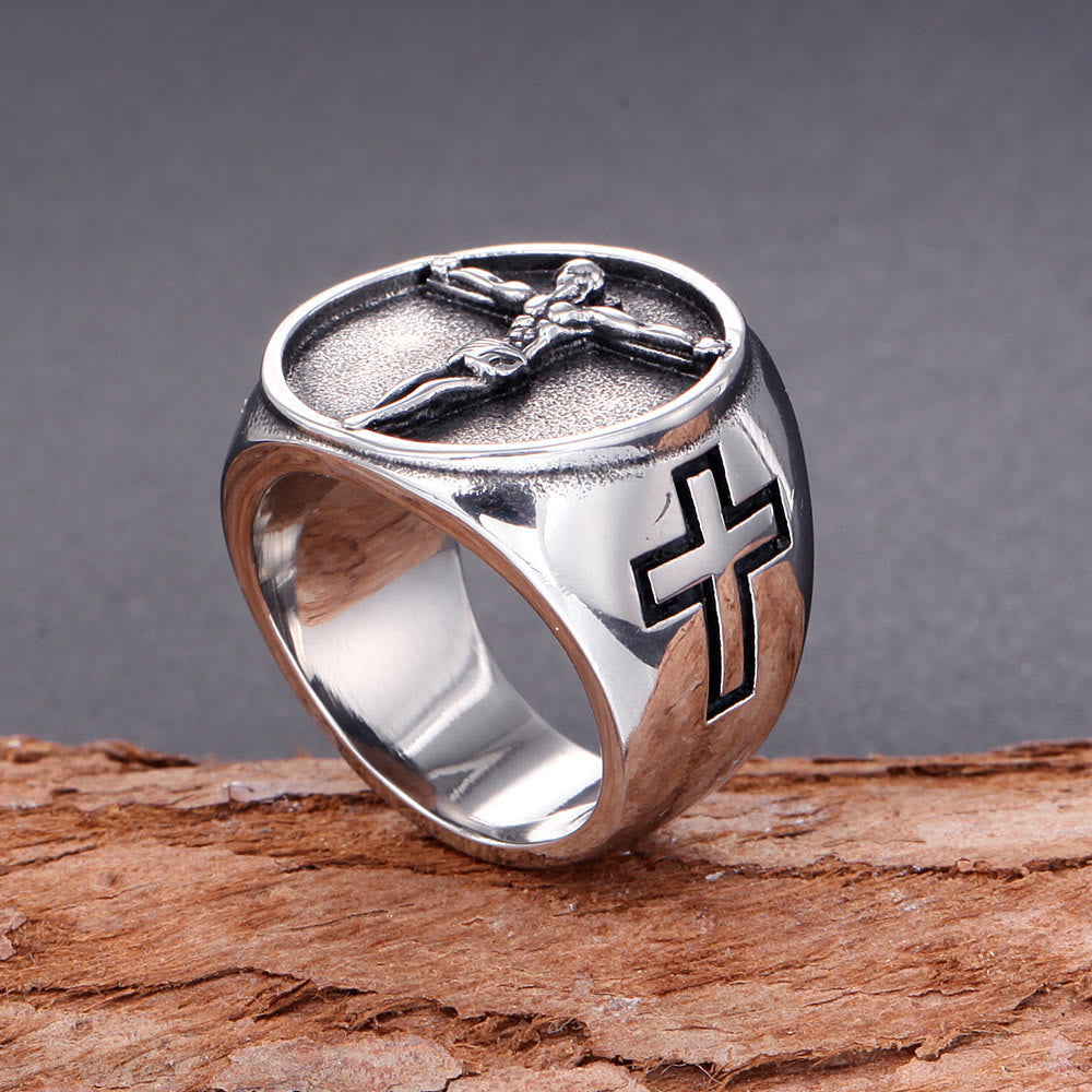 Anillo de fe bendecido con el símbolo de la cruz de Jesús, estilo clásico retro