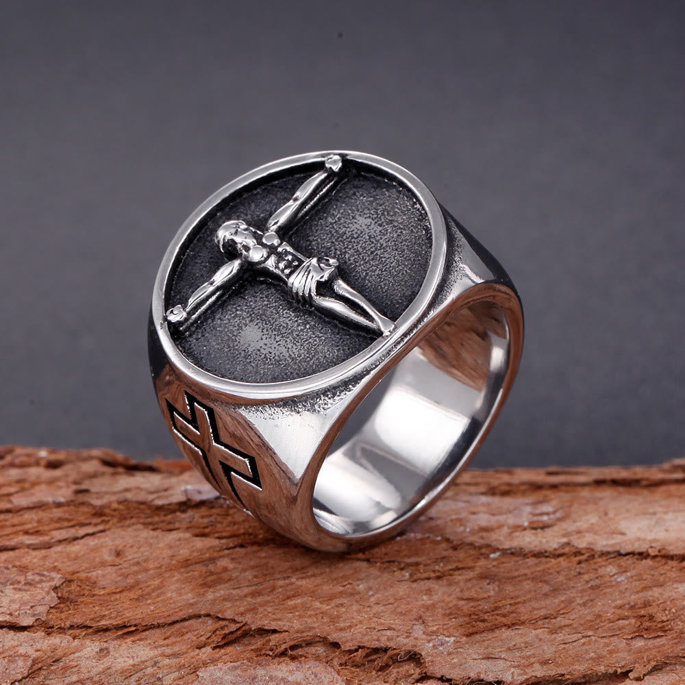 Anillo de fe bendecido con el símbolo de la cruz de Jesús, estilo clásico retro