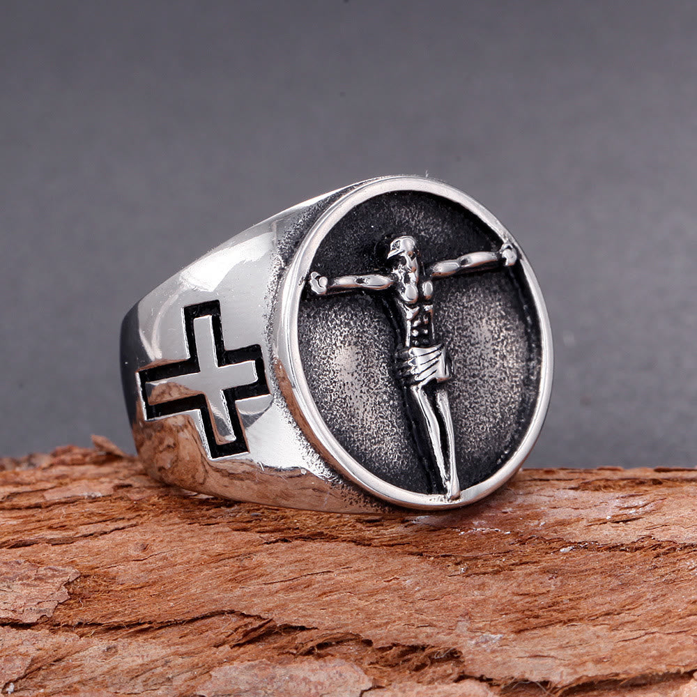 Anillo de fe bendecido con el símbolo de la cruz de Jesús, estilo clásico retro