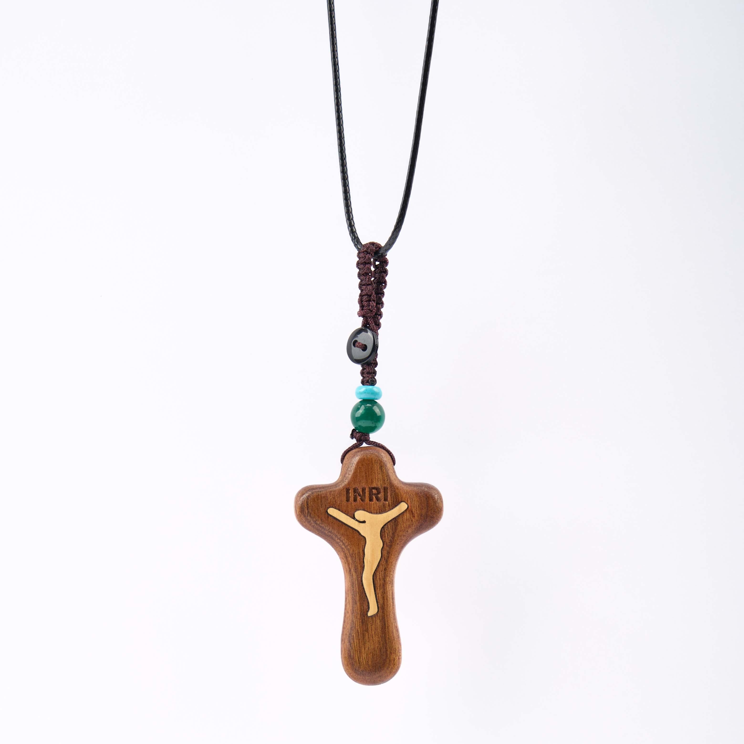 Llavero/Collar con colgante de amuleto de Cruz de Jesús minimalista de sándalo y boj