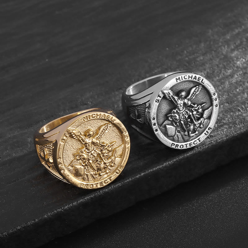 Anillo de fe divina "San Miguel Arcángel Protégenos" de estilo clásico