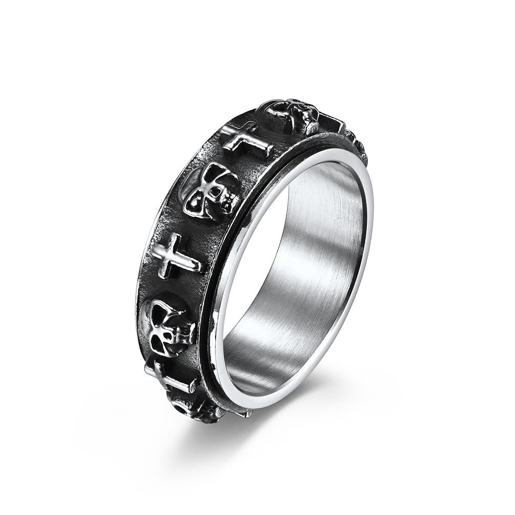 Anillo giratorio de acero titanio con cruz y calavera de estilo moderno
