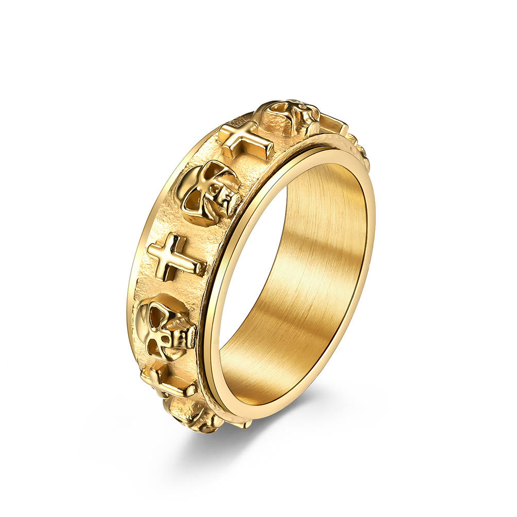 Anillo giratorio de acero titanio con cruz y calavera de estilo moderno