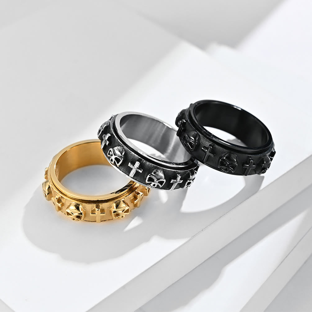 Anillo giratorio de acero titanio con cruz y calavera de estilo moderno