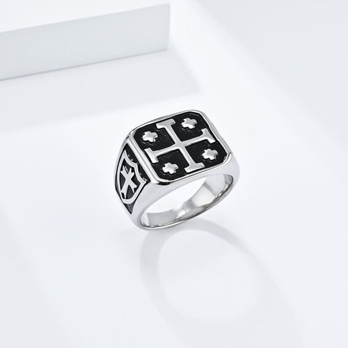 Classic Style Jerusalem Cross Shield Signet Devine Faith Ring