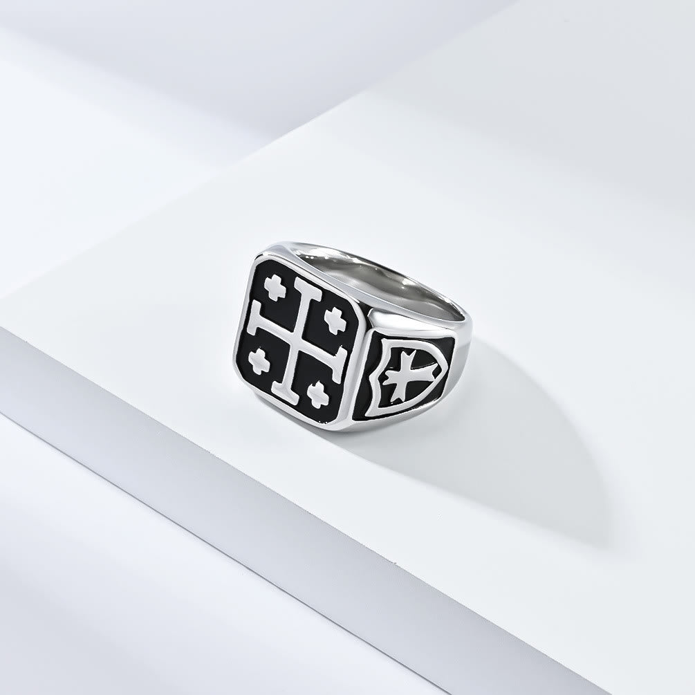 Anillo de fe divina tipo sello con escudo de cruz de Jerusalén estilo clásico