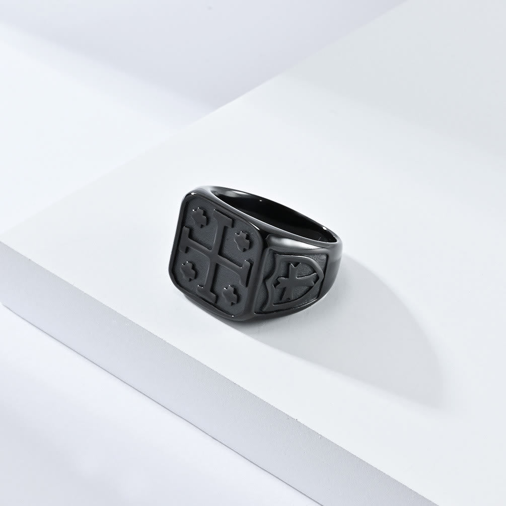 Anillo de fe divina tipo sello con escudo de cruz de Jerusalén estilo clásico