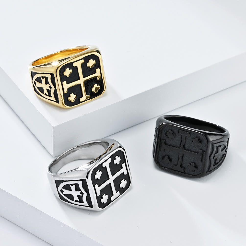 Anillo de fe divina tipo sello con escudo de cruz de Jerusalén estilo clásico