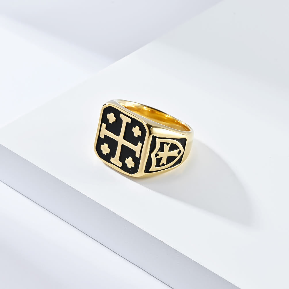 Anillo de fe divina tipo sello con escudo de cruz de Jerusalén estilo clásico