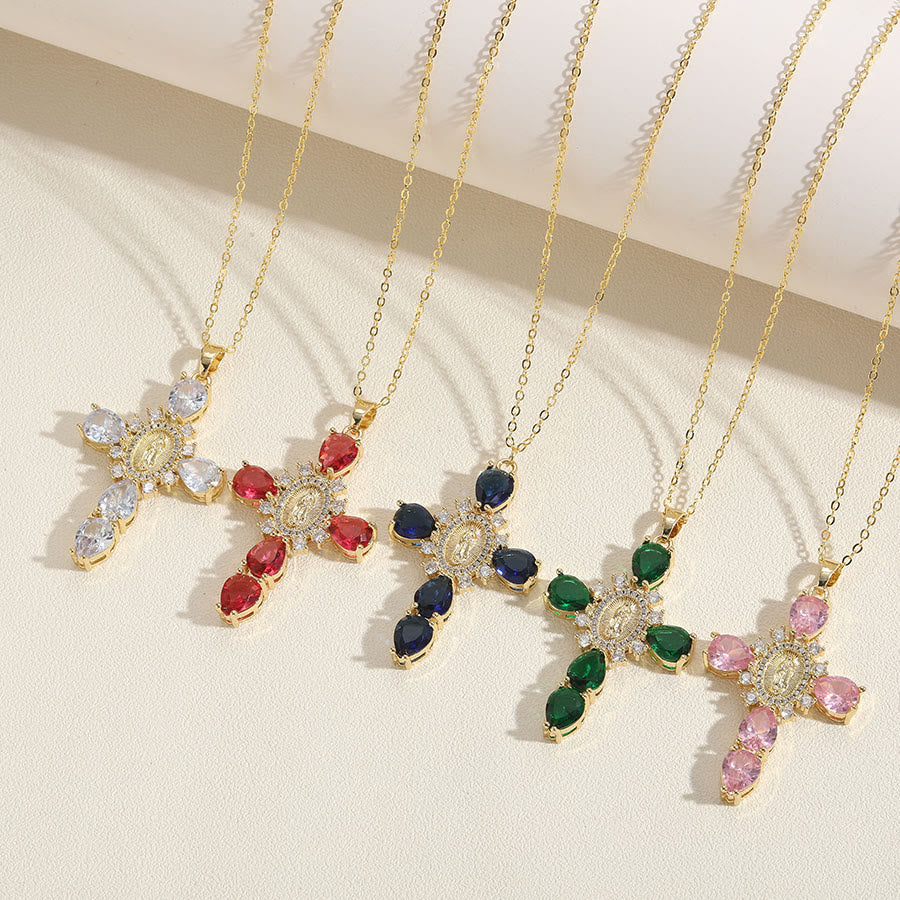 Collier pendentif zircon croix Notre-Dame de Guadalupe style moderne