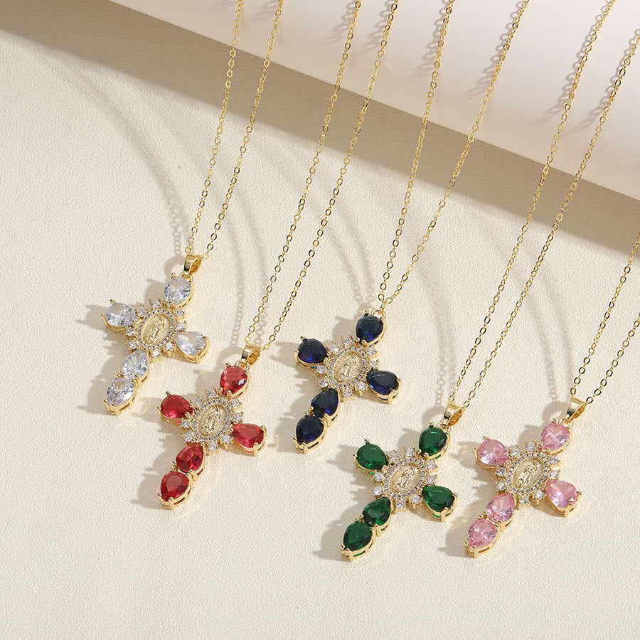 Collier pendentif zircon croix Notre-Dame de Guadalupe style moderne