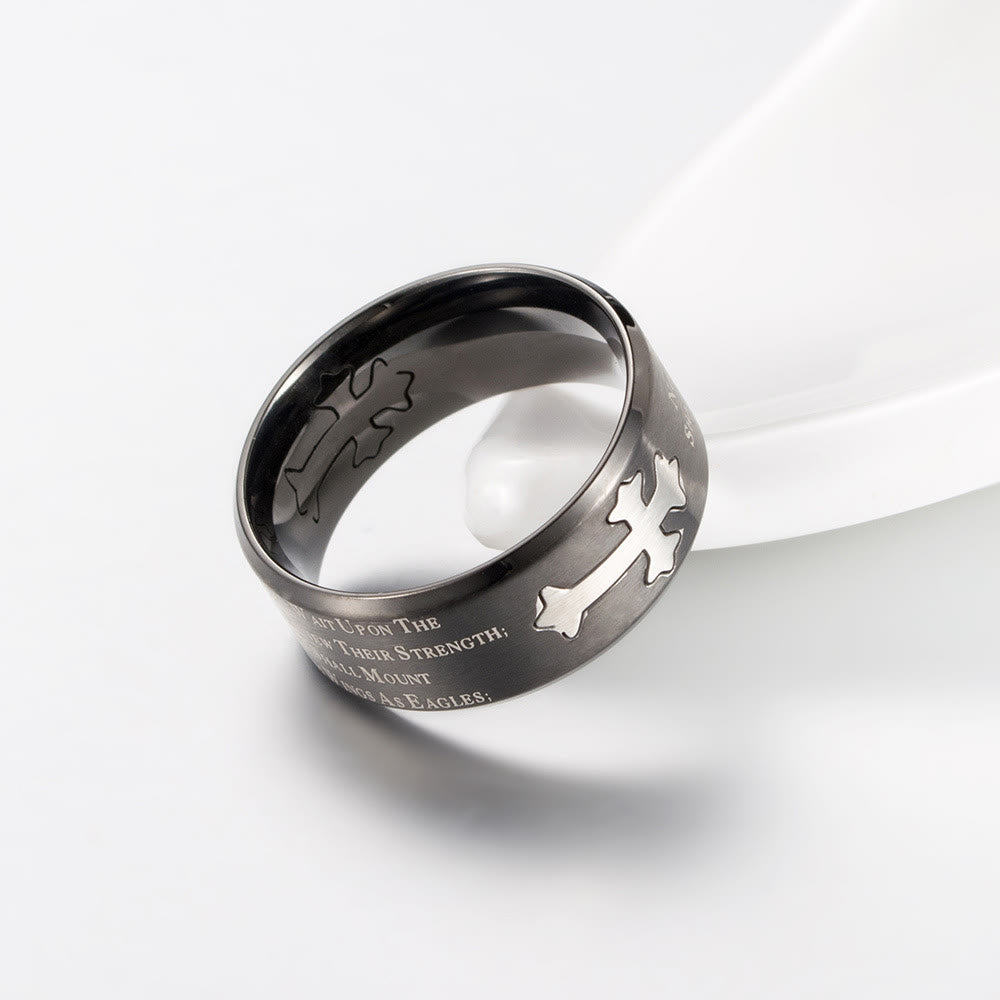 Anillo cruzado de fe y fuerza grabado estilo moderno