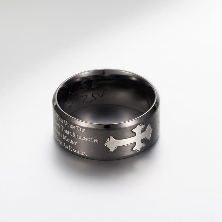 Anillo cruzado de fe y fuerza grabado estilo moderno