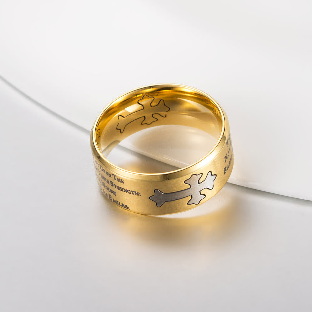 Anillo cruzado de fe y fuerza grabado estilo moderno
