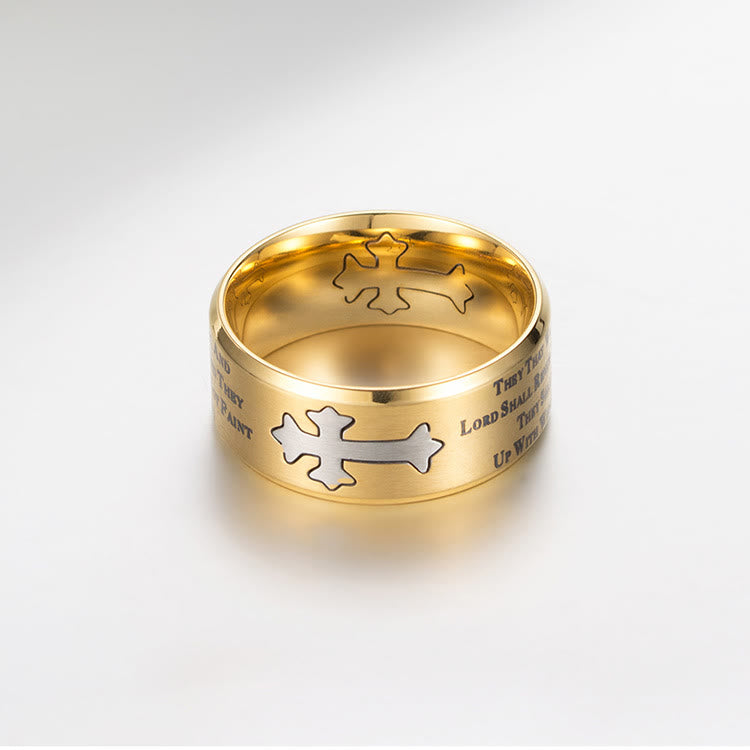 Anillo cruzado de fe y fuerza grabado estilo moderno