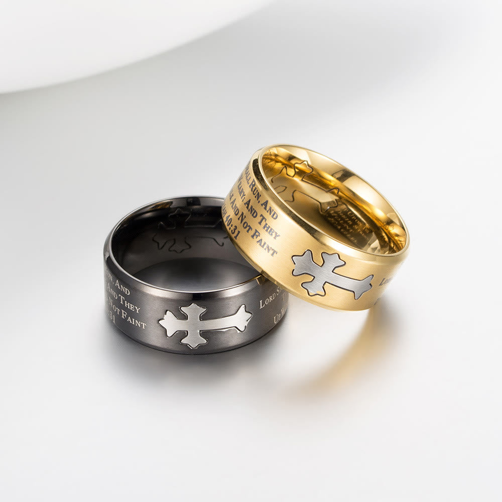 Anillo cruzado de fe y fuerza grabado estilo moderno