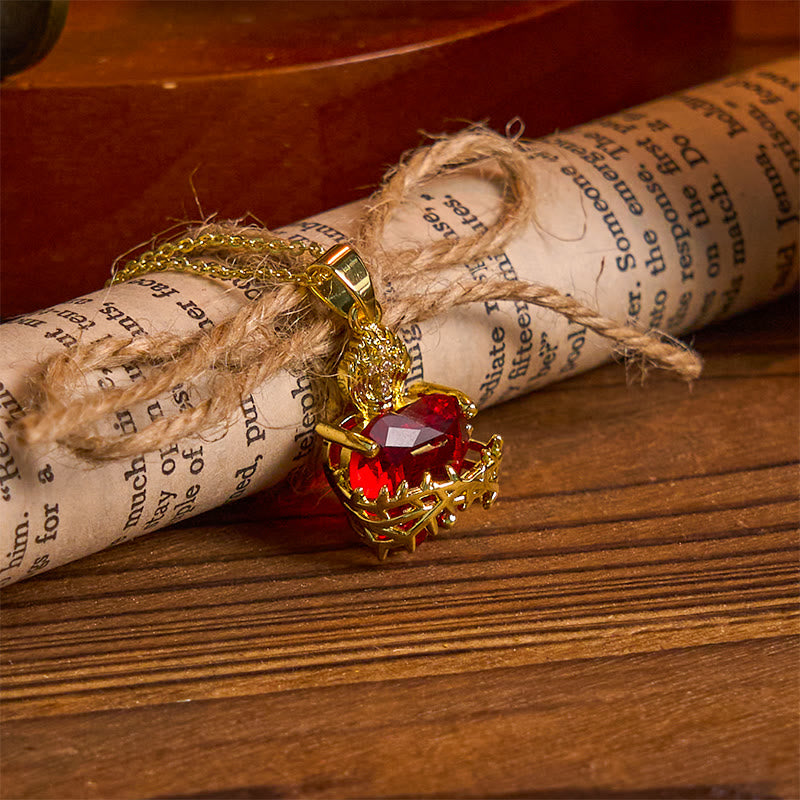 Collier Pendentif Cœur Sacré de Jésus en Pierres Précieuses Rouges Style Moderne
