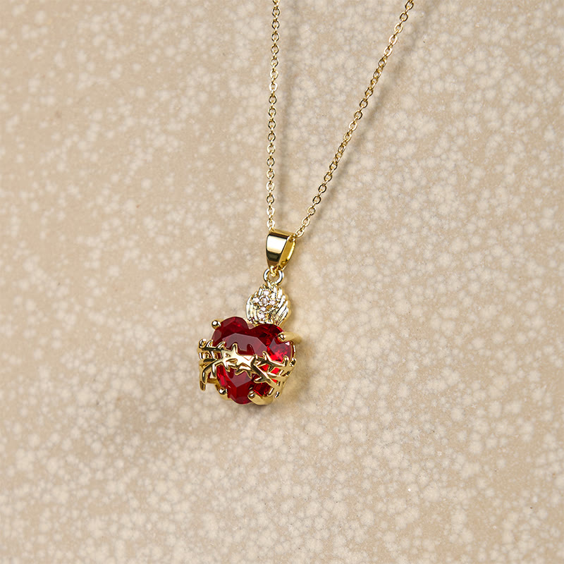 Collier Pendentif Cœur Sacré de Jésus en Pierres Précieuses Rouges Style Moderne