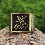 Bague de protection divine Saint-Georges guerrier tuant le dragon, style rétro classique