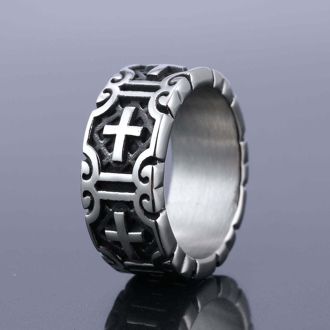 Anillo de protección de fe de acero inoxidable grabado con cruz estilo retro