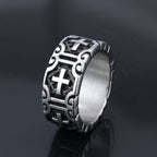 Anillo de protección de fe de acero inoxidable grabado con cruz estilo retro
