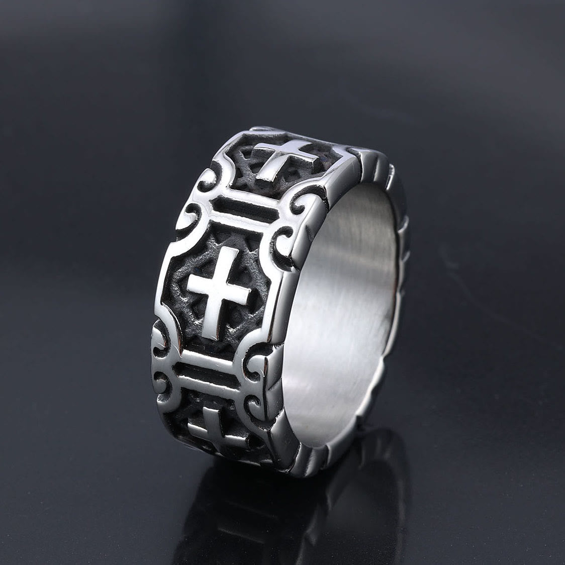 Anillo de protección de fe de acero inoxidable grabado con cruz estilo retro