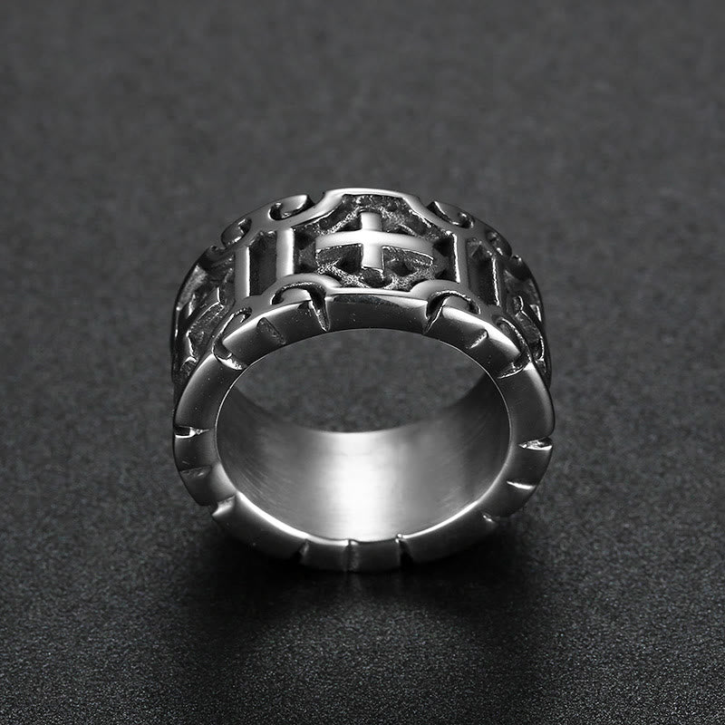 Anillo de protección de fe de acero inoxidable grabado con cruz estilo retro