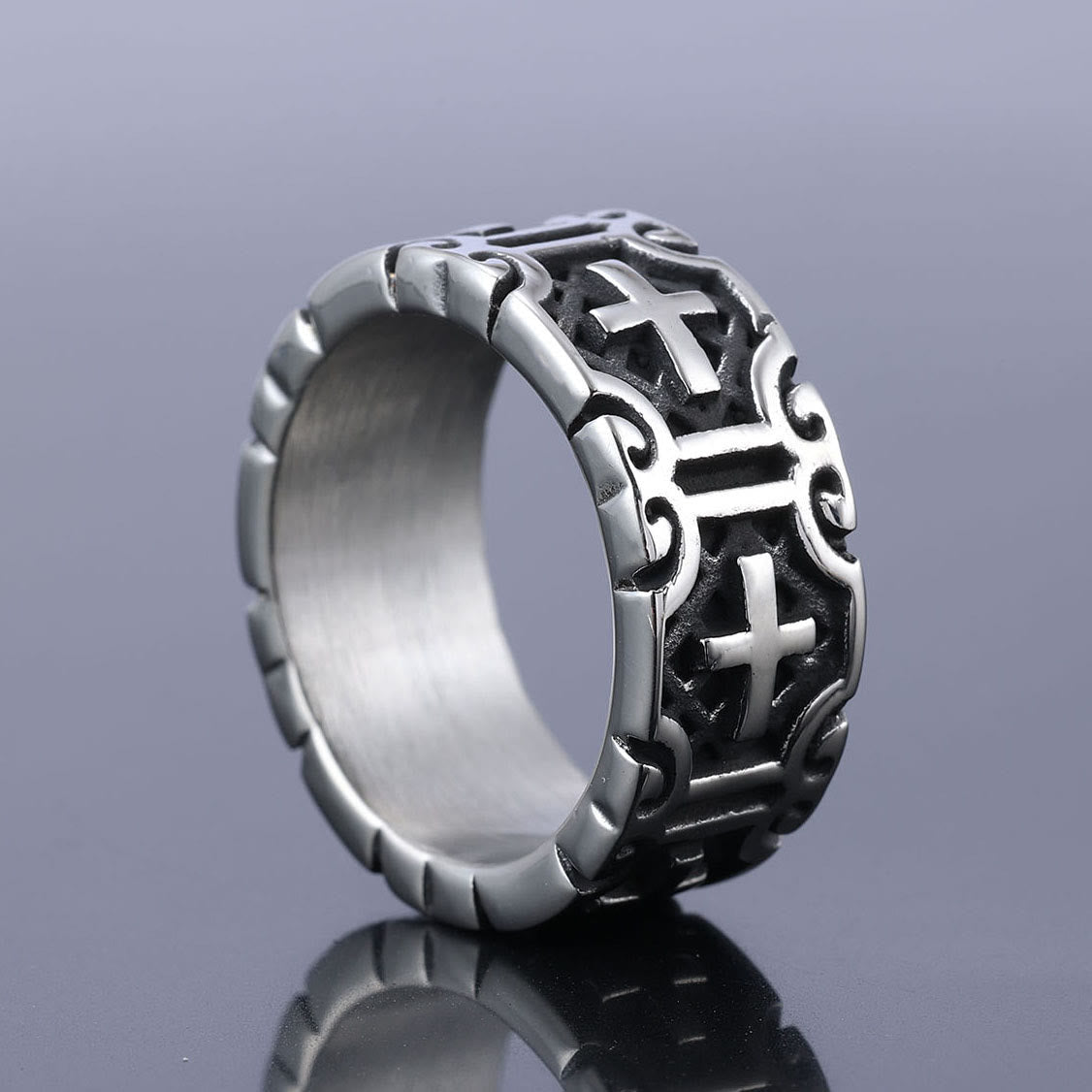 Anillo de protección de fe de acero inoxidable grabado con cruz estilo retro