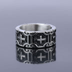 Anillo de protección de fe de acero inoxidable grabado con cruz estilo retro