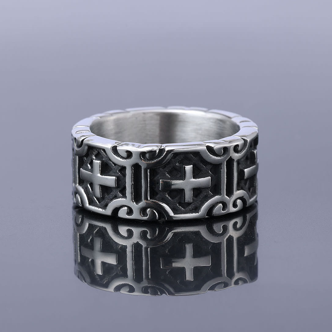 Anillo de protección de fe de acero inoxidable grabado con cruz estilo retro
