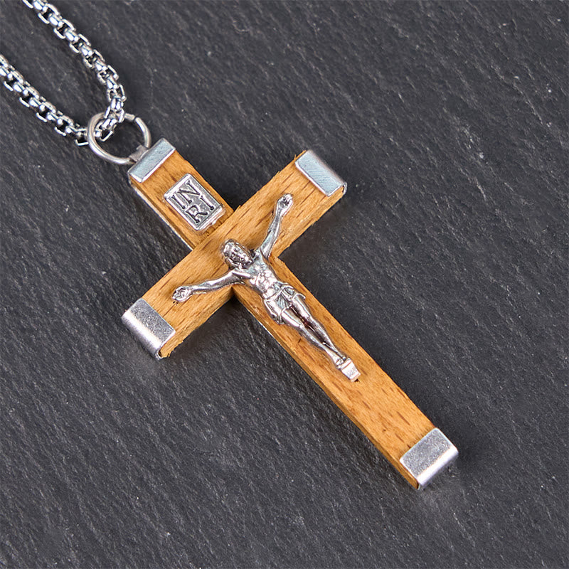 Collar con Colgante de Madera y Aleación con Crucifijo de Jesús Estilo Retro