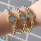 Bracelet Ajustable en Perles de Cuivre avec Médaille Saint Benoît Bicolore