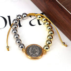 Bracelet Ajustable en Perles de Cuivre avec Médaille Saint Benoît Bicolore