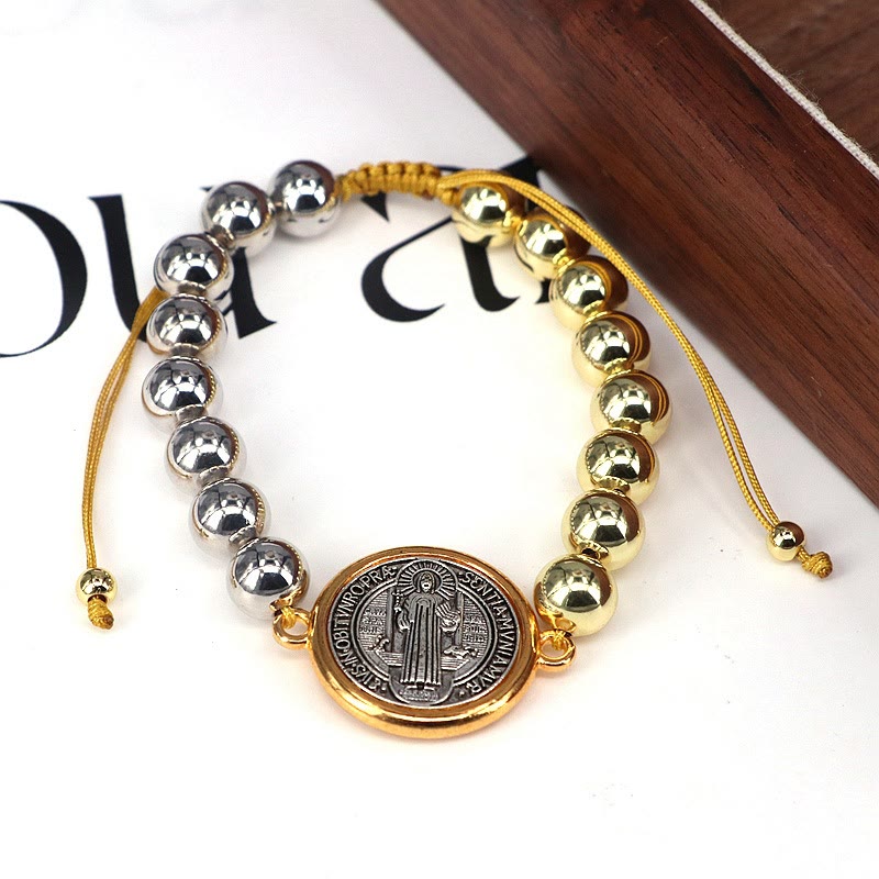 Bracelet Ajustable en Perles de Cuivre avec Médaille Saint Benoît Bicolore